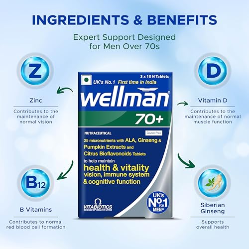 Wellman 70+ Multivitamin Tablets|Ginseng,Pumpkin Extract & Citrus Bioflavonoids|Supports Health & Vitality|Boosts Vision,Immune System & Cognitive Function|30 Veg Tablets, 60 grams