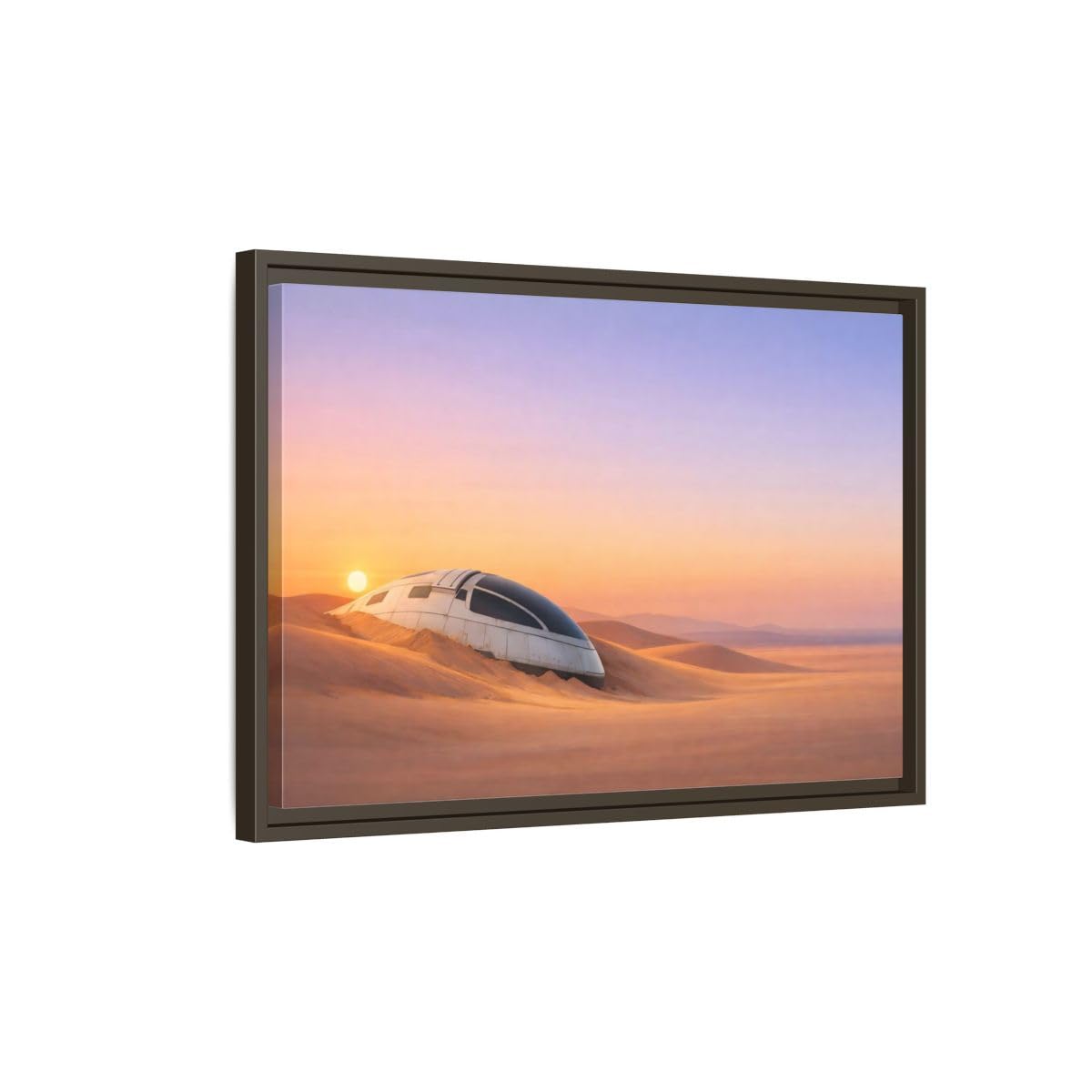 Science Fiction Crashed Spaceship Desert Sunset Framed Canvas Wall Art Print – Living Room Decor 18×12 inch (45×30 cm) - Horizontal/Black / 1.25 inch (3 cm)