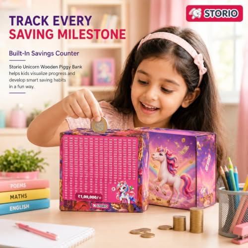 Image of Storio Unicorn Wooden Piggy Bank with Counter for Kids & Adults, Money Saving Box, Wooden Coin Bank with Number Counter, Cash Savings Bank, Coin Collection Box for Home Office Decor