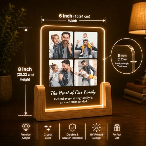 Image of Giftplease Fathers Day Tabletop Rectangular Acrylic Wood Photo Frame | Custom Picture Layout Warm Led Light Base Desktop Night Decor Standee for Papa Dad Husband Stepdad Grandfather