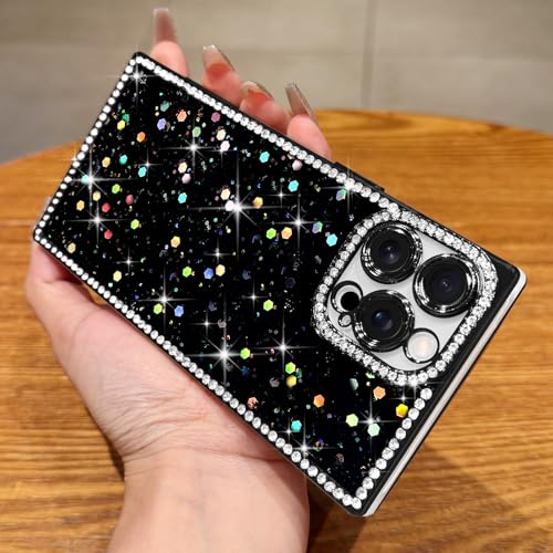 LAPOPNUT for iPhone 13 Pro Case,Cute Bling Sequin Glitter Sparkly Rhinestones Rectangle Edge Phone Case for Girls Women,Crystal Diamond Full Camera Protective Shockproof TPU Bumper Cover,Black - image 4
