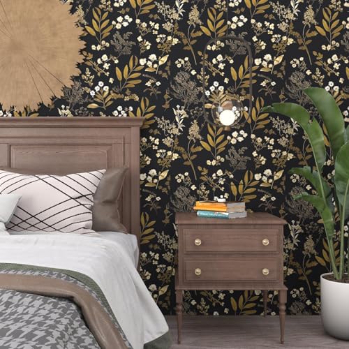 Laatse Vintage Wallpaper Peel and Stick Black Floral Wallpaper 17.5'' x 393'' Gold Leaf Contact Paper Vinyl Waterproof Self Adhesive Boho Botanical Wall Paper for Bedroom Shlef Cabinet Dรฉcor