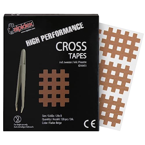 ALPIDEX Cross Tape 120 Pièces - Taille B Beige Cross Patch Taille Pincette Incluse Pansement à Grille Acupuncture Point Douloureux Crosstape