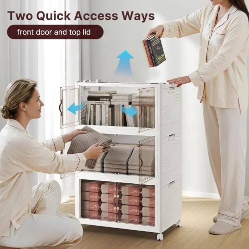 Image of Stackable Storage Bins with Lids, 330QT Lockable Storage Cabinet | Closet Organizers, Foldable Storage Box with Doors and Wheels, Plastic Drawers for Home, Garage, Office (3, White, Plus)
