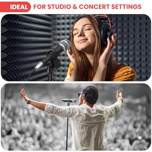 Image of Pyle Adjustable Height Microphone Stand, 36.2 inch - 63.7 inch Inches Universal Mic Holder, Compact Design, Sturdy and Lightweight, Ideal for Studio and Concerts, With Mic Clip, Rubber Base (Black)