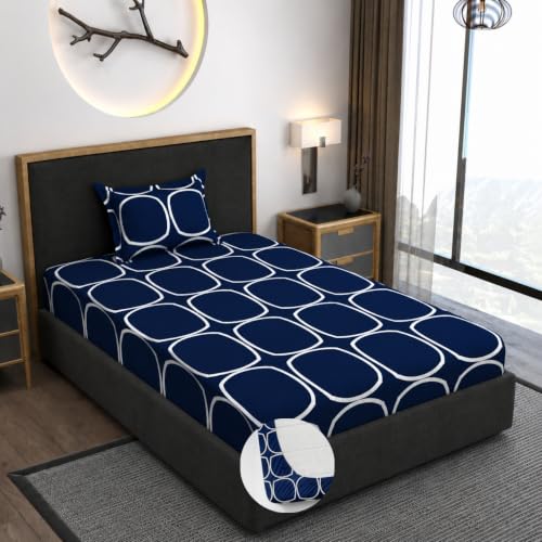 Image of Vaini Premium Heavy Cotton Elastic Fitted Bedsheets with 1 King Size Pillow Covers || Single Bed with All Around Elastic 350 TC || 36 x 78 x 6 Inch Single Size Fitted || :- Blue Round