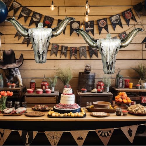 Image of Gejoy 3 Pcs Western Party Decorations Long Horn Cow Balloons Cowboy Aluminium Foil Balloon for Cowgirl Decorations Rodeo Balloons Western Party Supplies (Longhorn)