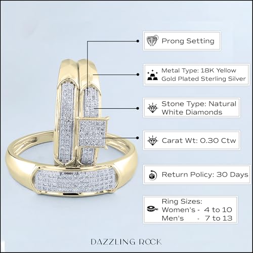 Dazzlingrock Collection Round White Diamond Square Micro Pave Wedding Trio Ring Set (0.30 ctw, Color I-J, Clarity I2-I3) in 18K Yellow Gold Plated Sterling Silver4