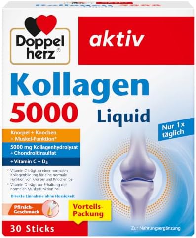 Doppelherz Kollagen 5000 Liquid - mit leckererm Pfirsich-Geschmack | mit Kollagenhydrolysat, Chondroitinsulfat, Vitaminen und Mangan - direkte Einnahme ohne Flüssigkeit - 30 Sticks