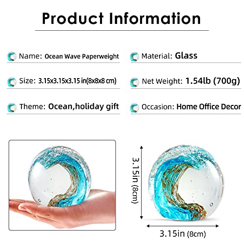 Eustuma Hand Blown Glass Figurines Ball Ocean Waves,Office Paperweight Glass For Desk,Home Decor Collectible,Aquarium Decor,Office Decor Ocean Lovers (Waves) #TOP1