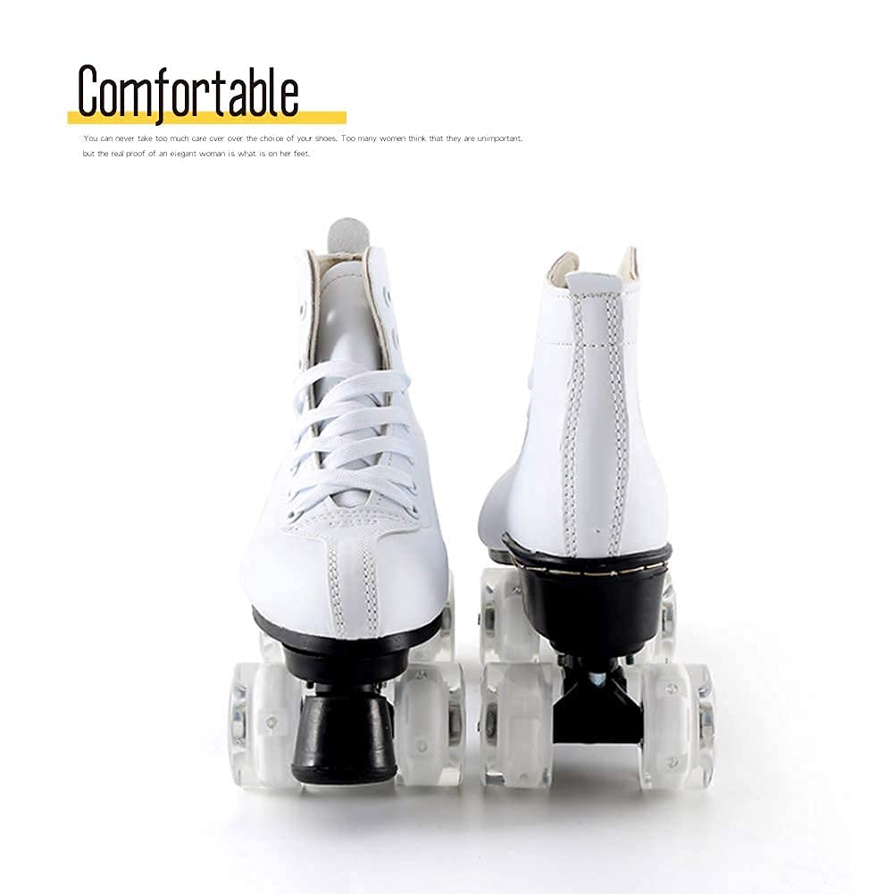 MU Patines de Rodillos para Mujer, Cuero Pus Patines de Rodillo de Alto Nivel de Cuatro Ruedas Patines para Rodillos Brillantes Patines para Niñas Unisex,Blanco,Us 6/37