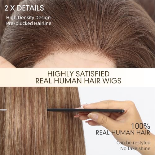 Image of KKU 100% Human Hair Lace Front Wig for Women- Pre-Plucked Natural Hairline, Side Part Brown Mixed Blonde Wig, 14 Inch, Soft & Natural Hair for Daily Use