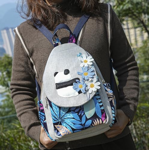 Image of Small Canvas Backpack, Retro Boho Washed Hippie for Women Daily Commute (Panda Decorations)