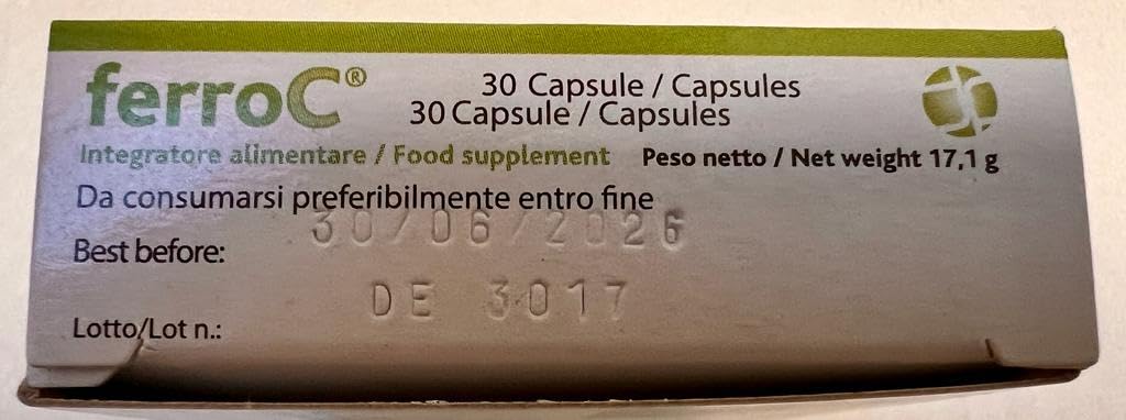 Ferro 30mg e VitaminaC 30 Caps vegetali Ferro Forte lento rilascio, Pirofosfato Micronizzato Superdisperso, Alta Biodisponibilità e Tollerabilità, Buon Sapore - per Glubuli Rossi e Emoglobina