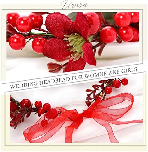 Unicra Christmas Crown Headband Flower Garland Headband Red Hair Wreath Garland Christmas Hair Accessories with Ribbon Party Festival Gift for Women and Girls