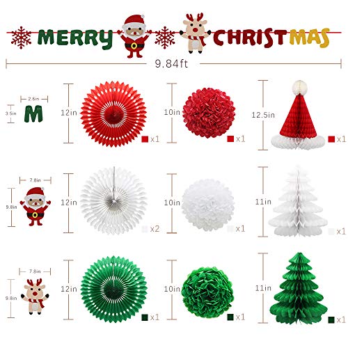 Christmas Party Decorations, Merry Christmas Felt Banner, Hanging Paper Fans Pom Poms Flowers, Christmas Tree Hat Honeycomb Balls For Christmas In July Xmas Party Supplies #TOP1