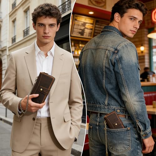 Image of Genuine Crazy Horse Leather Travel Gift Coin Pocket Card Case Long Organizer Chain Rfid Wallet Purse With Snap For Men Male 1803 1815 (1814 Brown)