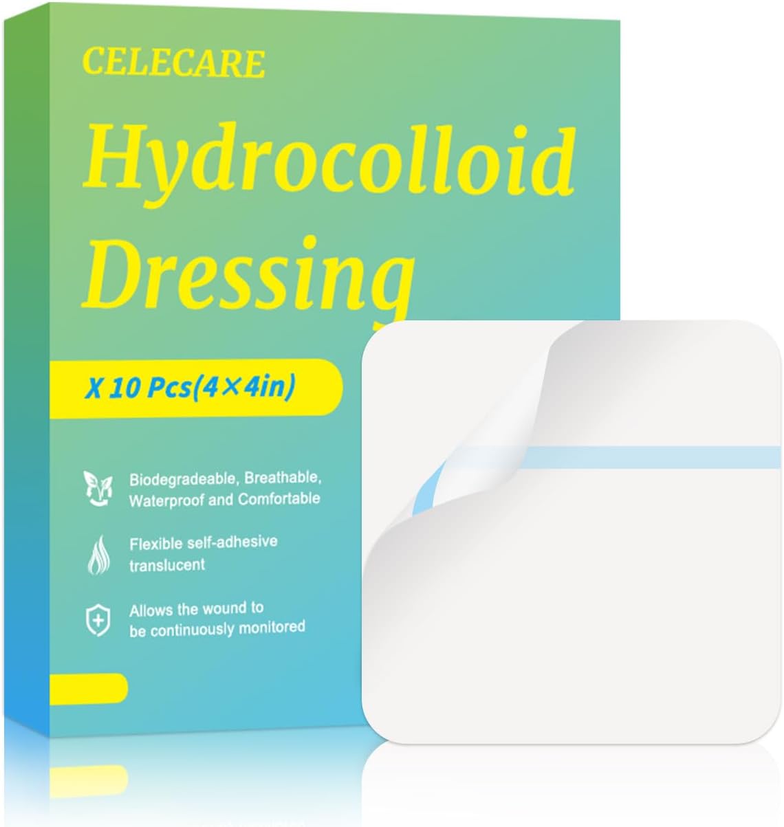 Hydrocolloid Bandage 10 Pack, 4''x4'' Thin Sterile Hydrocolloid Wound Dressing for Light to Medium Exudate Wound, Pressure Ulcer, Bed Sore, Surgical Wound,Superficial Wound, 0.35mm