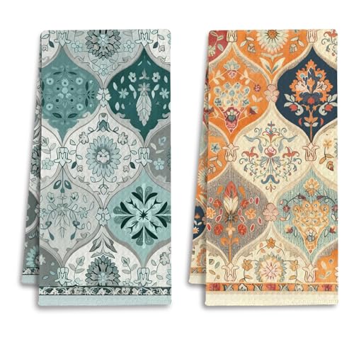 IRTAGANNY Boho Vintage Floral Kitchen Towels, Green and Orange Flower