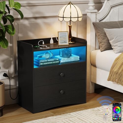 Nightstand with Charging Station and LED Light,Modern Nightstand ...