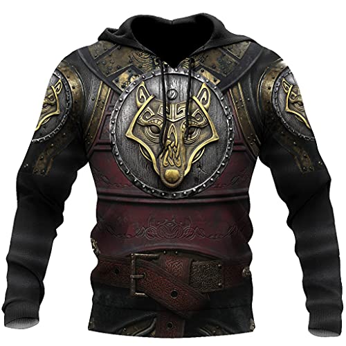 Viking 3D Print Wolf Tattoo Armor Hoody Hoodie, Norse Mythology Fenrir Long Sleeve Pullover Sweatshirt