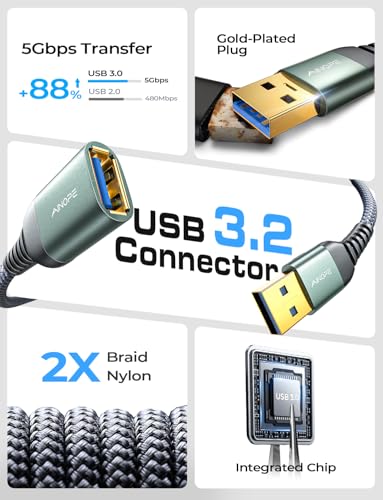 Image of AINOPE USB Extension Cable,USB Extender,USB 3.0 Extension Cable, Male to Female Cord High Data Transfer Compatible with Webcam,Keyboard,Flash Drive,Hard Drive,Printer,6.6FT,Grey