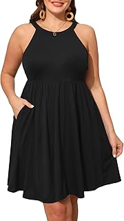 Plus Size Summer Dress - Casual Sun Halter Neck Sleeveless Short Sundress with Pockets - Buy now