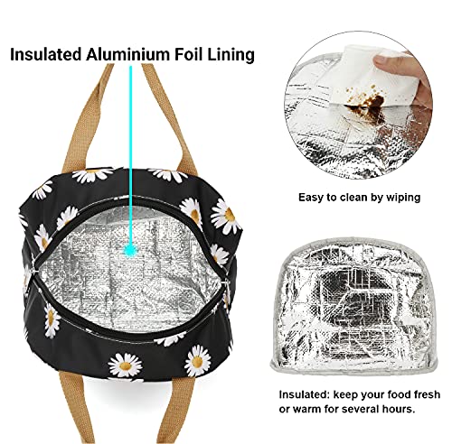 Yusudan Floral Lunch Bag For Women Girls, Flower Reusable Insulated Picnic Tote Bags For Adults Kids Work School Hiking Beach (Daisy Black) #TOP2