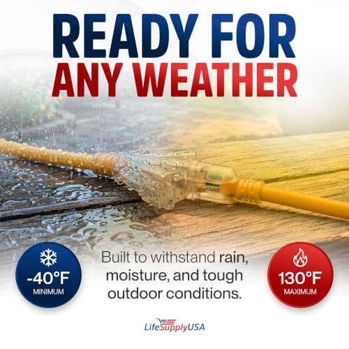 10ft Outdoor/Indoor Extension Cord 3-Outlet 12/3 Gauge Extra Heavy Duty 3 Prong SJTW, Waterproof, Flexible Cold-Resistant Long Power Cord,15A 125V 1875W, Yellow by LifeSupplyUSA by LifeSupplyUSA - Image 5