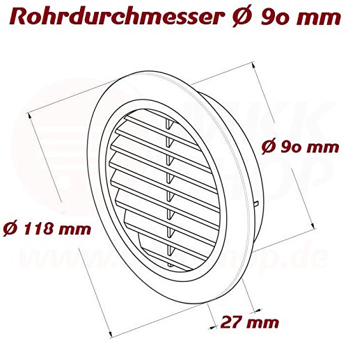 Lüftungsgitter Abschlussgitter rund Ø 90 mm weiß mit Insektennetz Gitter ABS Kunststoff witterungsbeständig Insektenschutz