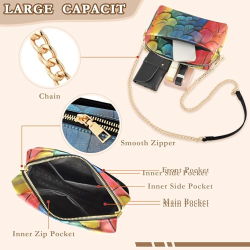 Women Crossbody Bag Shoulder Handbag Cellphone Purse PU Leather Metal Chain Strap Water Resistant Zipper Closure Rainbow Feathers Print4