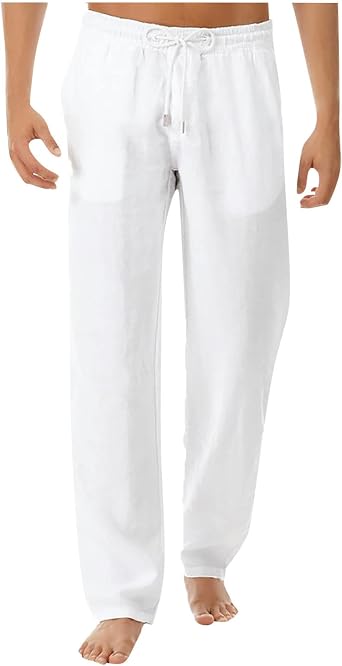 Mens Linen Pants Lightweight Drawstring Elastic Waist Pockets Loose Fit Straight Legs Summer Beach Yoga LP299