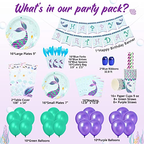 Wernnsai Pool Mermaid Party Supplies Kit - Girls Birthday Party Decoration Cutlery Bag Table Cover Plates Cups Napkins Straws Utensils Birthday Banner & Balloons Serves 16 Guests 169 Pcs #TOP1