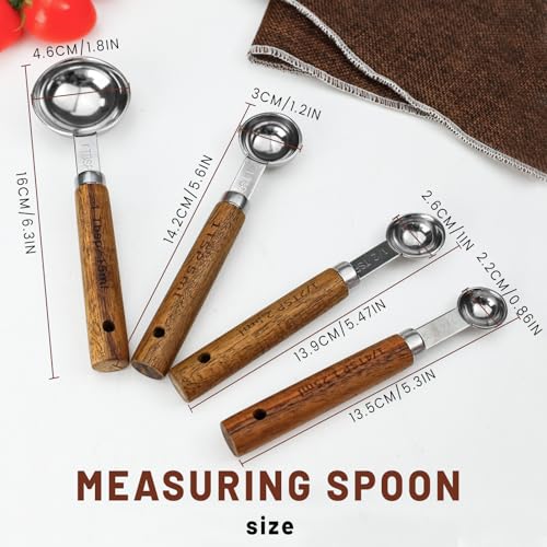 Realand Measuring Spoons Set of 4, Stainless Steel Measuring Spoons with Wooden Handle, 1/4 tsp, 1/2 tsp, 1 tsp, 1 tbsp, Tablespoon and Teaspoon Metal Measure Spoon