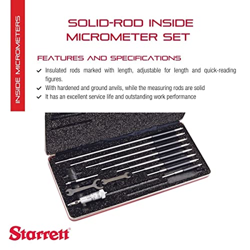 Starrett Solid-Rod Inside Micrometer Set With Case, Insulated Rods, Quick-Reading Figures, Hardened And Ground Anvils - 2-12" Range.001" Graduations, Padded Case Type - 124Bz #TOP1
