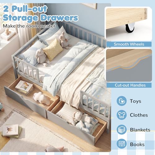 Image of KOMFOTT Full Bed Frame with Rails, Wood Daybed with Side Shelf & 2 Storage Drawers, Platform Bed with Guardrail & Wooden Slat Support for Kids Teens, No Box Spring Needed (Full,Grey)