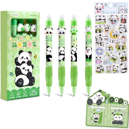 Nurila 4 Stück Radierbarer Kugelschreiber, Radierbare Stifte mit 6 Sticker und Lesezeichen, Radierbarer Tintenroller, Erasable Pen für Schule, Büro, Schreiben Panda-Thema (0,5 mm, Blau)