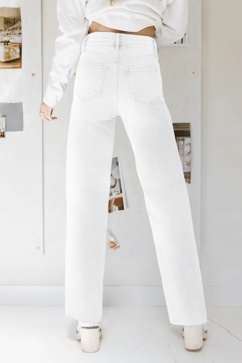 KDF Straight Leg Jeans for Women High Waisted Jeans Frayed Baggy Pants Raw Hem Loose Stretchy Cropped Wide Leg Jeans