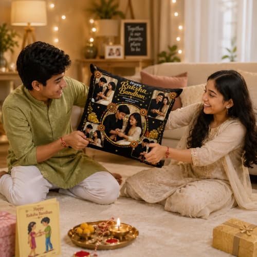Image of Personalized Photo Pillow 12x12 Inch Cushion with Cover & Filler - Custom Gift for Birthday, Anniversary, Couple, Girlfriend, Boyfriend, Husband, Wife, Friends. (RakhiPilow-03)