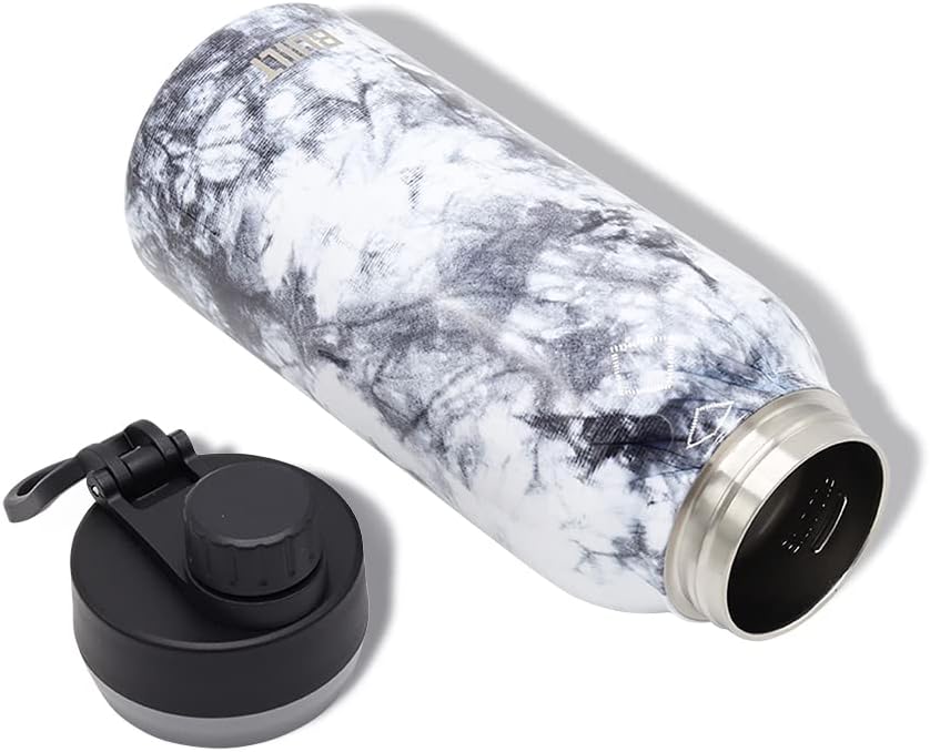 BUILT 32 Ounces Wide Mouth Cascade Double Wall Vacuum Insulated Stainless Steel Bottle with Chug Lid, Black and White Nightfall Tie Dye