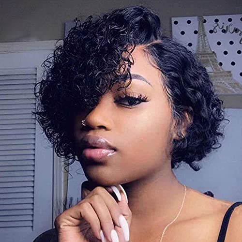 HHSHOW Short Curly Bob Lace Human Hair Wig 10 Inches Black Pre Plucked Natural Hairline Baby Hair Brazilian Virgin Wigs for Women(1B 10inch)
