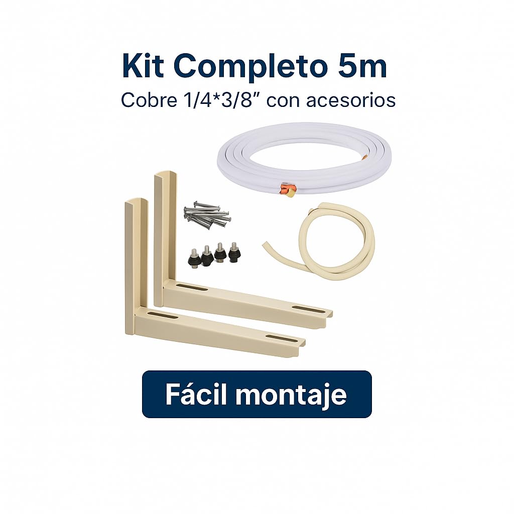 KIT INSTALACIÓN AIRE ACONDICIONADO COBRE 1/4" + 3/8" 5 METROS CON TUERCAS, ESCUADRAS, AMORTIGUADORES, TORNILLOS Y TUBO DESAGÜE