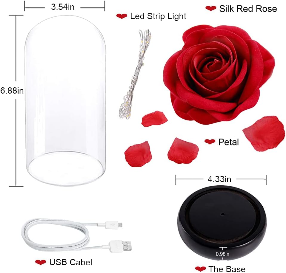 Deluxsa Enchanted Red Silk Rose,Beauty and the Beast Rose with Fallen Petals in A Light Dome,Home/Office or Home Decorations, Anniversary, Valentine's Day Christmas Gift