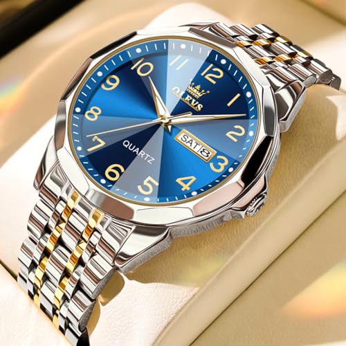 Image of OLEVS Watches for Men Business Dress Diamond Analog Quartz Big Face Luxury Classic Stainless Steel Waterproof Luminous Two Tone Wristwatch