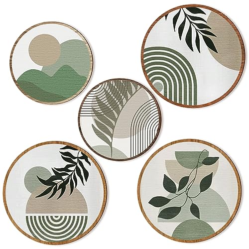 Qunclay 5 Pcs Wall Art Decor Wooden Living Room Wall Decor Bohemian Hanging Farmhouse Geometric 10” and 8” Aesthetic Wood Minimalist Posters for Bedroom(Greenery)