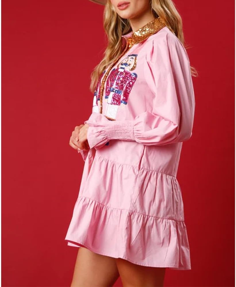 ABYOVRT Christmas Nutcracker Dress for Women Sequin Sweatshirt Dress Long Puff Sleeve Button Down Mini Shirt Dresses Costume