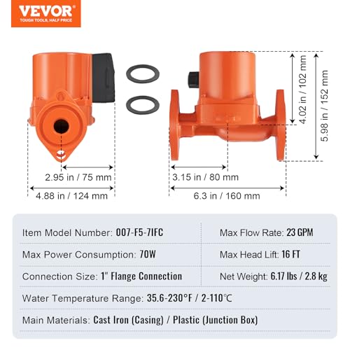 Image of VEVOR 007-F5-7IFC 23 GPM Cast Iron Circulation Pump, 1 inch NPT Flange 3-Speed Hot Water Recirculating Pump, Quiet Operation Circulator Pump for Floor Heating /Home Water heater System
