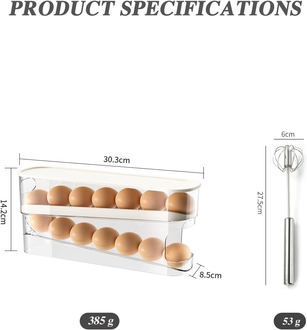 Clear Egg Holder for Fridge, Auto Rolling Egg Dispenser for Refrigerator, Space-Saving Egg Roller, FIFO System, Stackable Fridge Organizer with Storage for Kitchen Countertop (Clear)