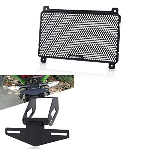 Lanqian Motorcycle Radiator Grille Guard And License Plate Bracket Holder With License Light Fit For Ninja 400 2018-2022 Black #TOP17