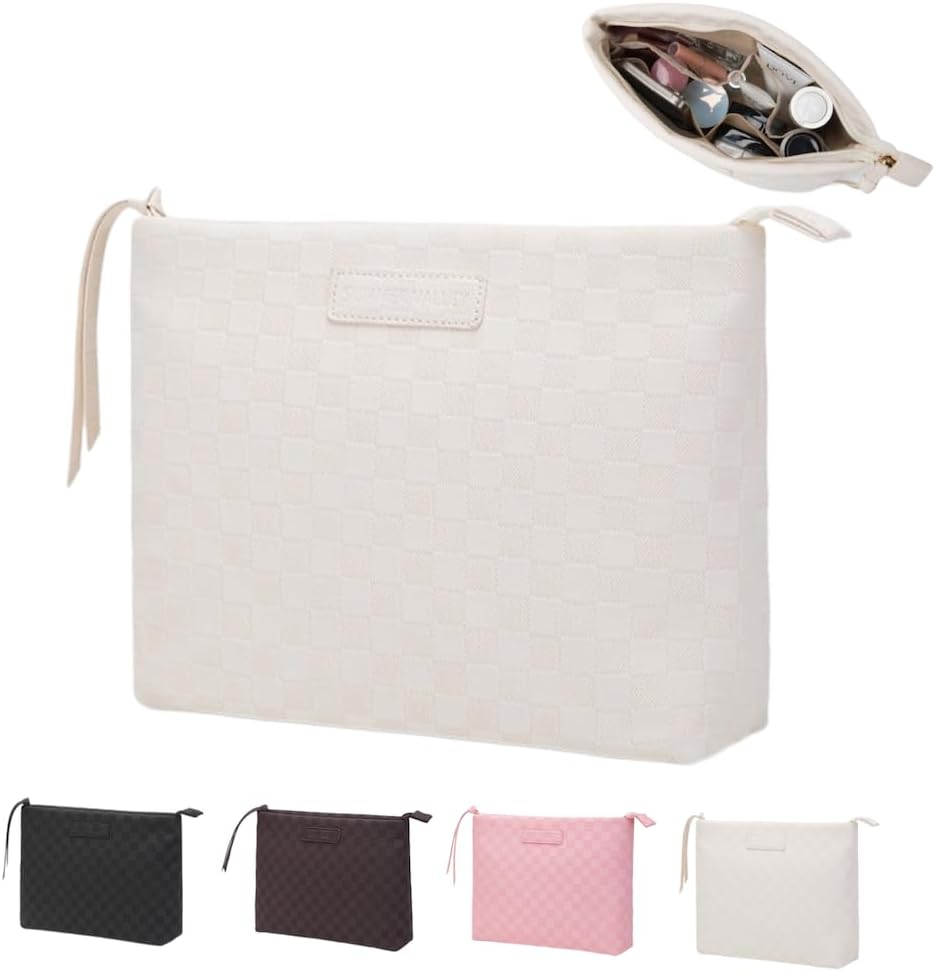 Checkered Makeup Bag Large Capacity Makeup Pouch Travel Cosmetic Bag for Women Cosmetics Skincare Care Organizer with Compartments (Black Checkered)